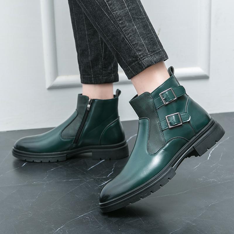 Fashion High Quality Fashionable Side Zippered Men High Top Boots with Autumn British Style Double Buckle Comfortable Leather Short Boot