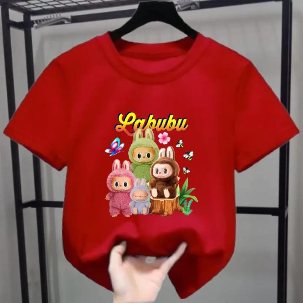 New Labubu Children's T-shirt LABUBU with Cute Butterfly Cartoon Pattern Girl Round Neck Short Sleeved Casual Versatile Clothing