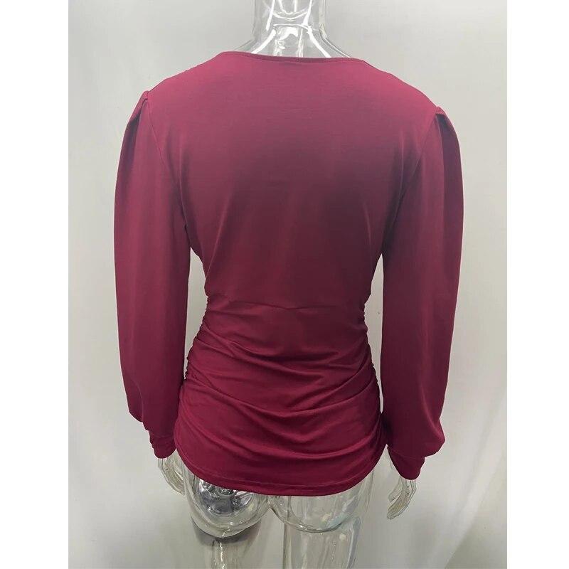 Tiefem V-Ausschnitt Langarm Freizeithemd Mode Slim Fit Sexy Frauen Blusen Herbst Einfache Damen Solide Plissee Tops 30470