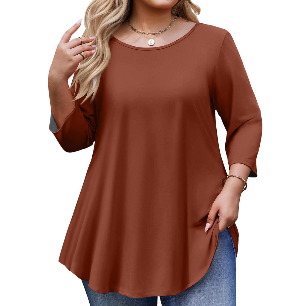 Women’s Plus Size 3/4 Sleeve Tunic Top Loose Fit Round Neck Casual Basic Blouse Soft Lightweight Fabric Comfortable Design