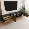 TV Cabinet, Lowboard with Door Panels with Water Wave Pattern and Three Drawers In a Wood and Black Color Scheme.