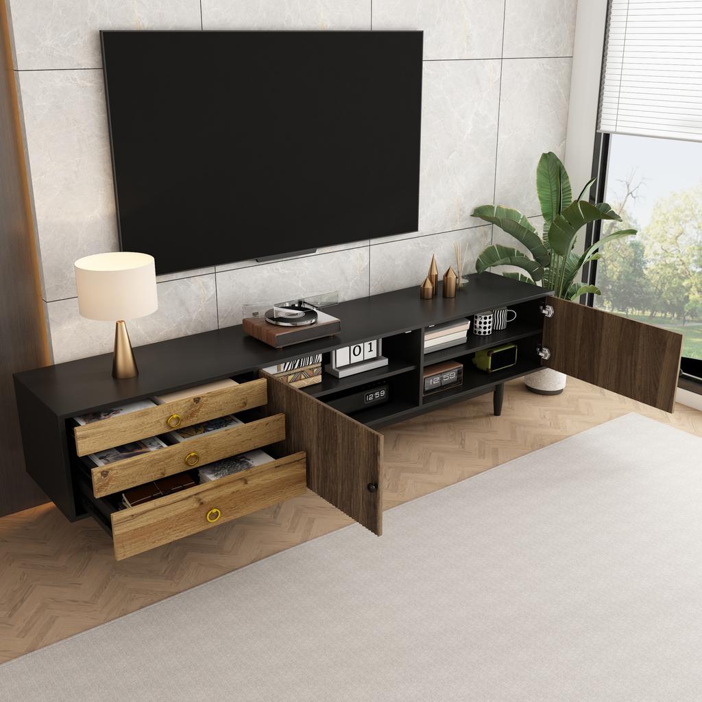 TV Cabinet, Lowboard with Door Panels with Water Wave Pattern and Three Drawers In a Wood and Black Color Scheme.