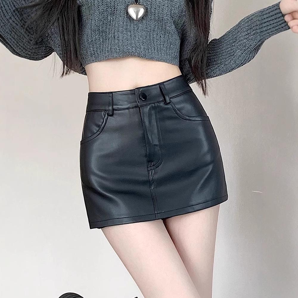 Women's 2024 PU Leather Black Midi Skirt - High Waist, Bodycon, A-Line, Sexy, Slimming, Autumn/Winter Collection
