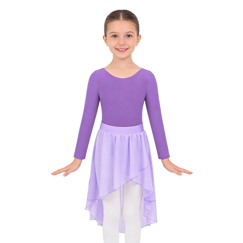 Girls Ballet Dance Practice Performance Long Sleeve Leotard High Low Elastic Waistband Chiffon Skirt Outfit