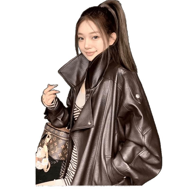 Maillard Brown Leather Biker Jacket for Couples - High-End Autumn Long Sleeve Coat