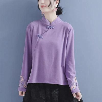 Self-Heating Dual-Sided Velvet Embroidered Stand-Up Collar Button-Down Women's Top - Autumn/Winter 2024 Chinese Style