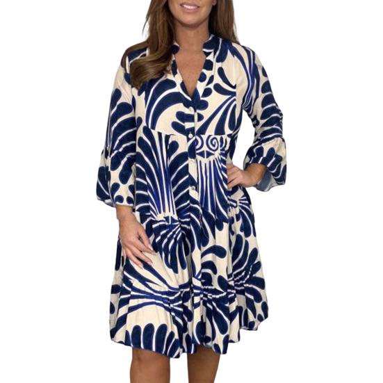 Herbst-/Sommerkleid, V-Ausschnitt, A-Linie, lockerer, farblich passender Druck, Dreiviertelärmel, halblang, einreihig, knielang, hohe Taille, Midikleid