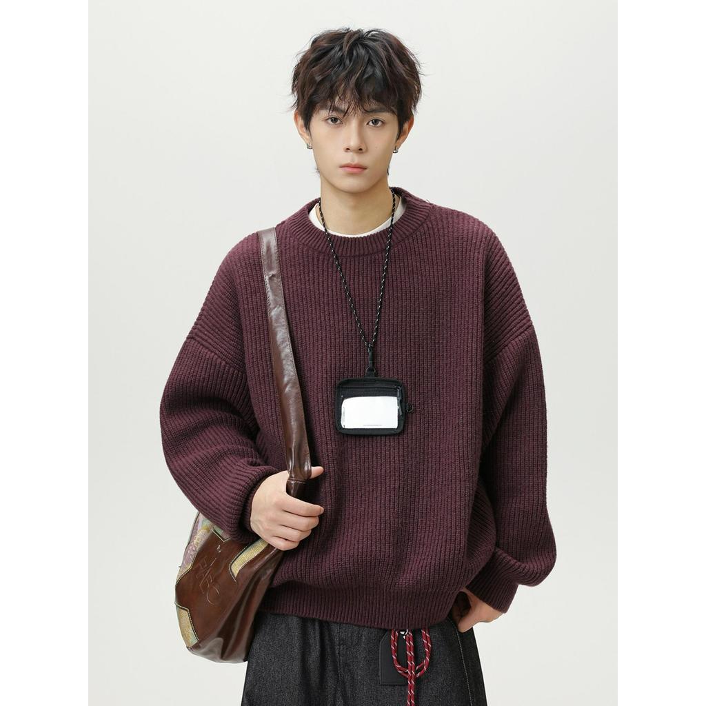 Solid Color Lazy Style Thick Needle Heavy Round Neck Sweater Men's Autumn and Winter Trendy Brand Retro Sweater Loose Casual Jacket