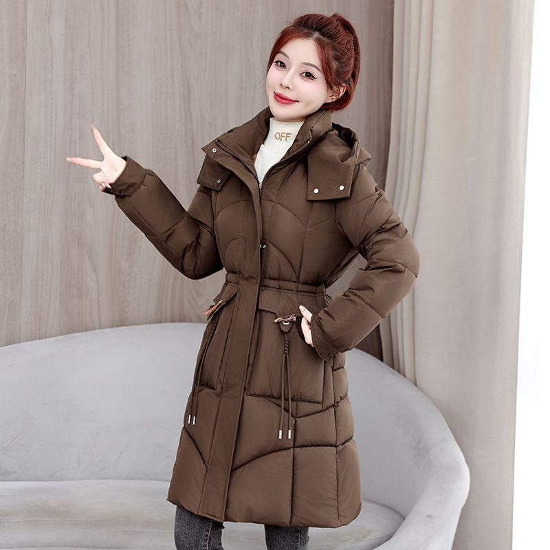 Damen Winter Schlank geschnittener Mittellanger Daunenmantel Dicke Warme Baumwoll-Pufferjacke mit Taillenraffung