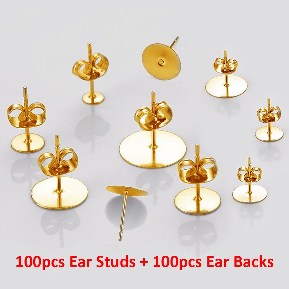 100Sets Gold Color Stainless Steel Ear Studs Earring 3-10mm Base with Earring Back Plug Jewelry Making DIY Findings Supplies