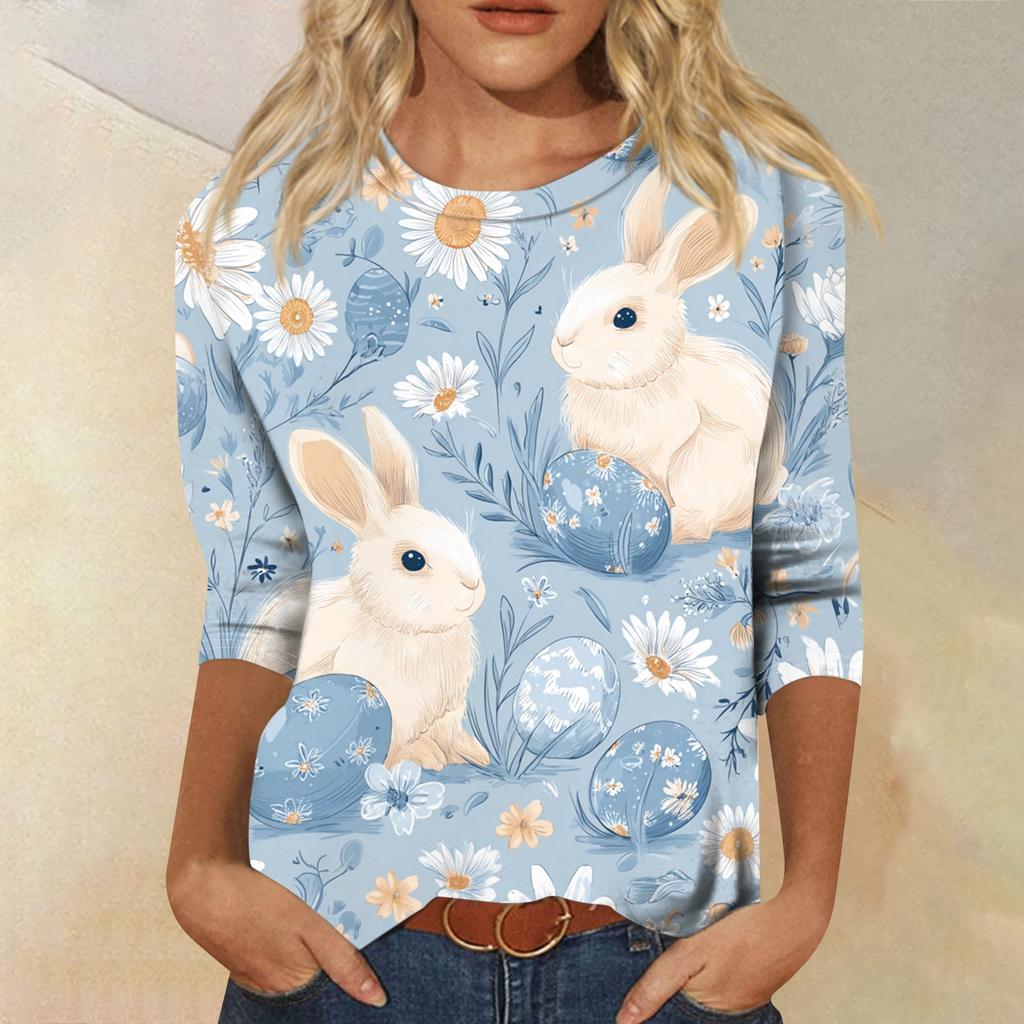 Top da donna casual con stampa di elementi pasquali, girocollo