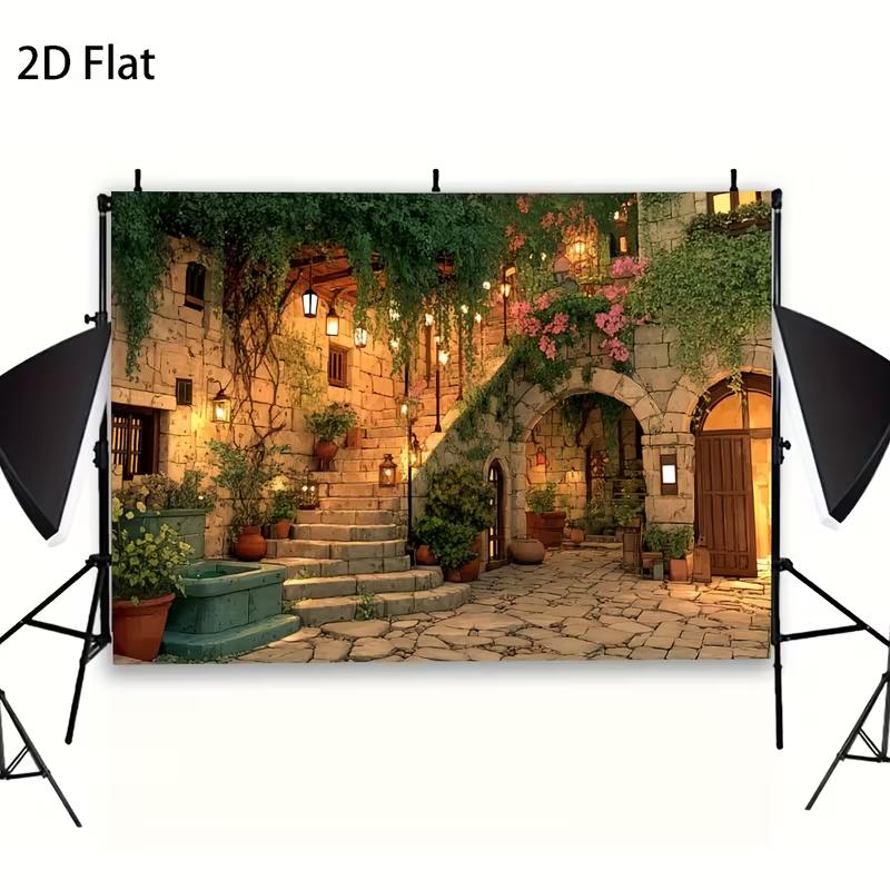 2D Cozy Stone Courtyard Photography Backdrop Mediterranean Background