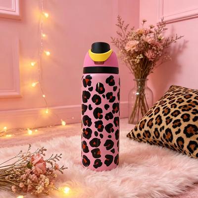 Owalaa Black Pink Leopard 32oz/945ml Stainless Steel Insulated Water Bottle with Straw,for Daily Sports Outdoor,perfect Gift