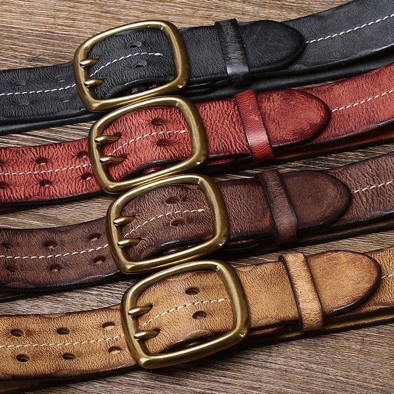 Genuine Leather Distressed Double Pin Buckle Belt - Retro Korean Style for Men’s Casual Jeans