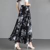 Letnia retro czarna drukowana szyfonowa spódnica do połowy długości z wysokim stanem i długą spódnicą w kształcie litery A, duża spódnica parasolowa z kwiatowym wzorem dla kobiet