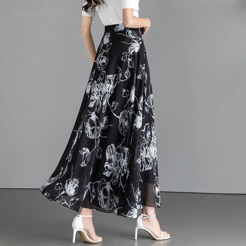 Letnia retro czarna drukowana szyfonowa spódnica do połowy długości z wysokim stanem i długą spódnicą w kształcie litery A, duża spódnica parasolowa z kwiatowym wzorem dla kobiet