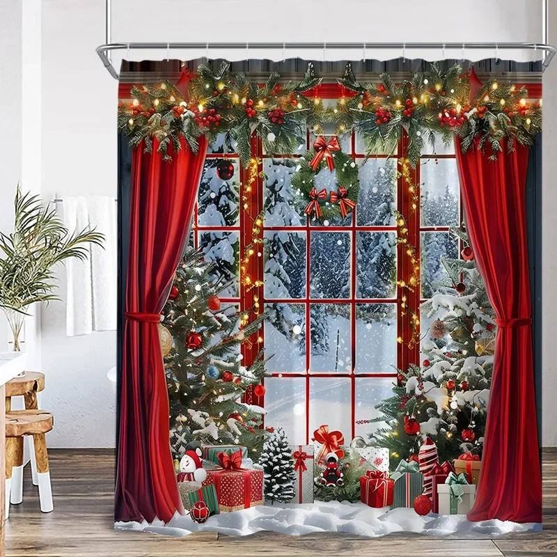 Christmas Shower Curtain Xmas Tree Gifts Winter Forest Cedar Nature Landscape Home Wall Hanging Fabric Bathroom Curtains Decor