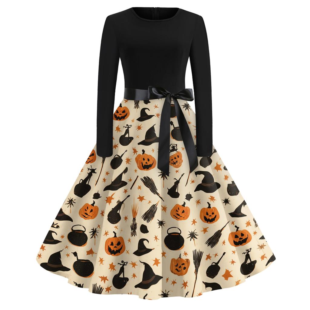 Women's Casual Halloween Print Round Neck Vintage Dress Long Sleeve Fit and Flare Midi Dress with Waist Tie for Seasonal Occasion