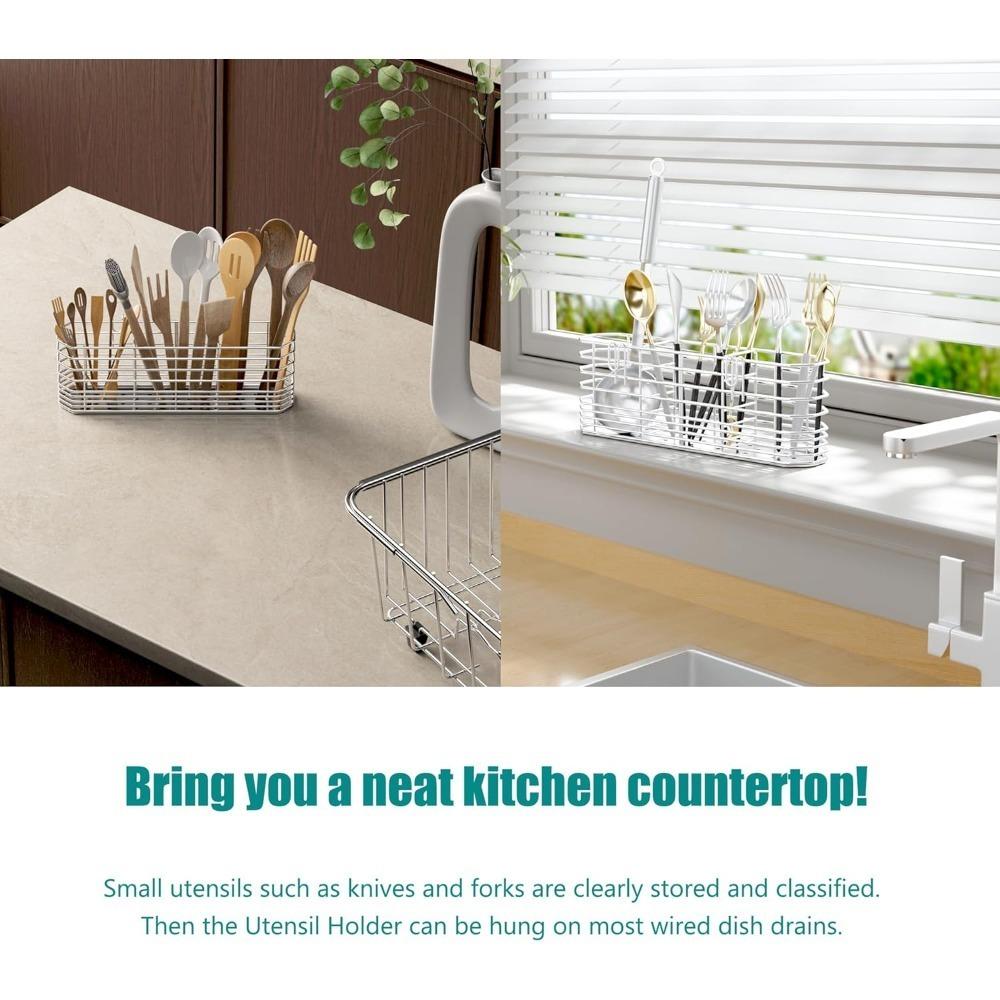 304 Stainless Steel Utensil Holder, Kitchen Utensil Organizer, Knife and Fork Drainage Rack, Kitchen Drainage Basket Accessories, with Hooks