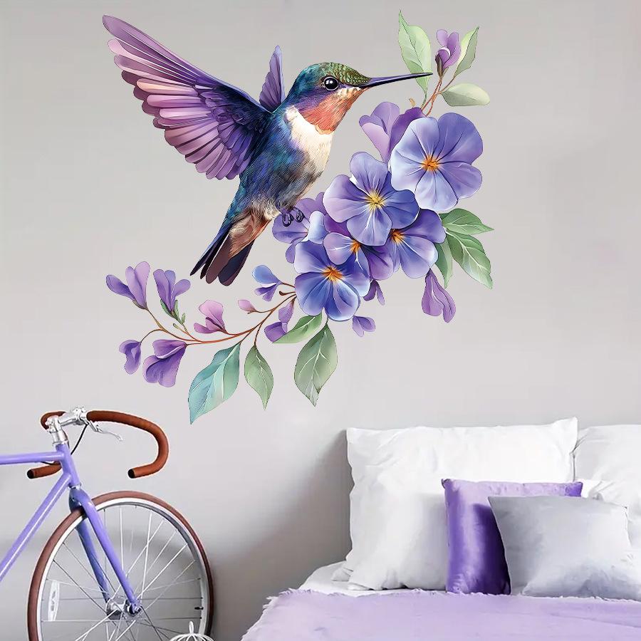 Cartoon Aesthetic Purple Floral Hummingbird Wall Stickers, Self-Adhesive Decor for Room Bedroom Decoration