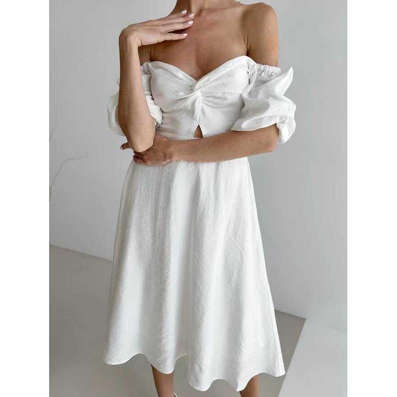 Fashion Wind New Sexy Square Collar Slimming Puff Sleeve Dress Bubble Sleeve Hollow Dress