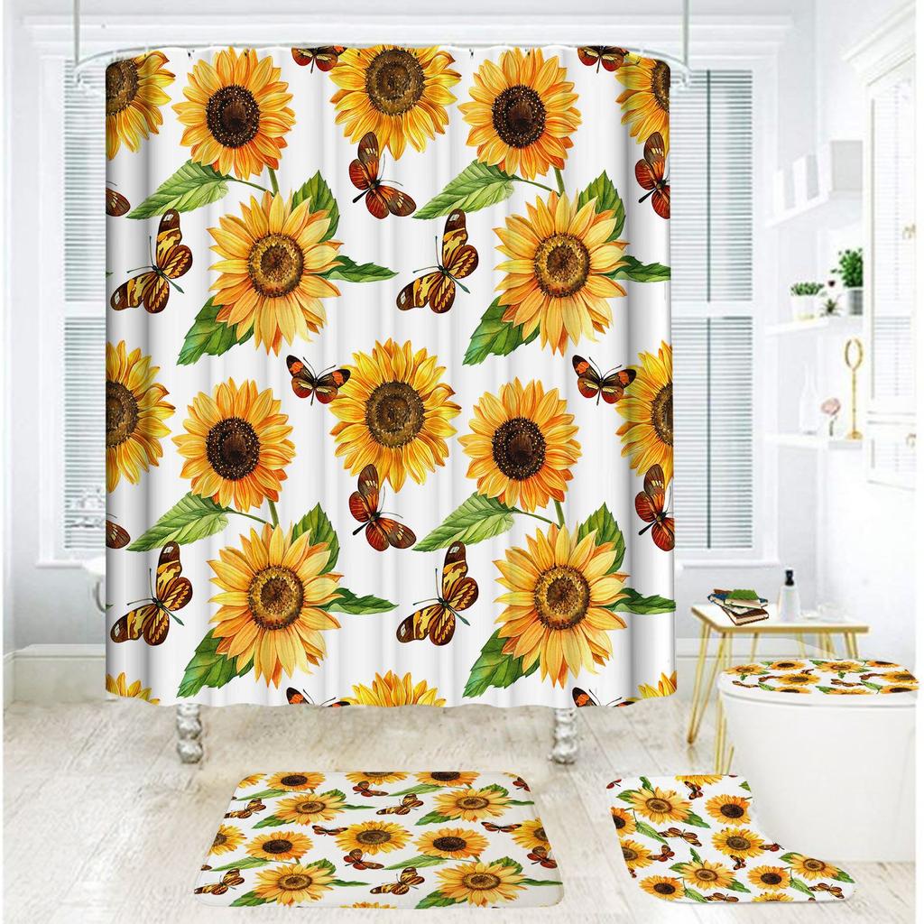Bathroom Shower Curtain Four-Piece Shower Curtain Waterproof And Mildew-Proof Sunflower Shower Curtain Partition Curtain Free Of Punching