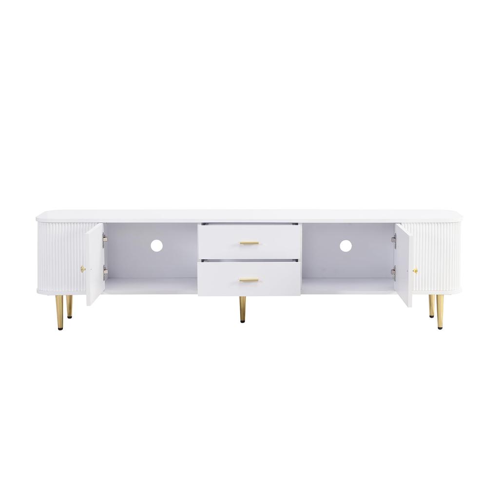 Dulap TV, cu laterale ondulate și mânere aurii, 2 uși, 2 sertare, design modern, colțuri rotunjite, sigur și funcțional, pentru living