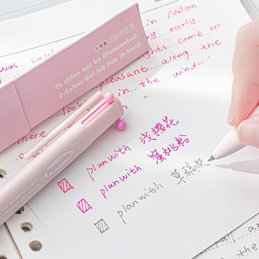 1pcs Triangular Multi-color Pen, Planwith Sign Series 3 Colors 0.5mm Point Gel Pen Multifunctional Liner Marker School