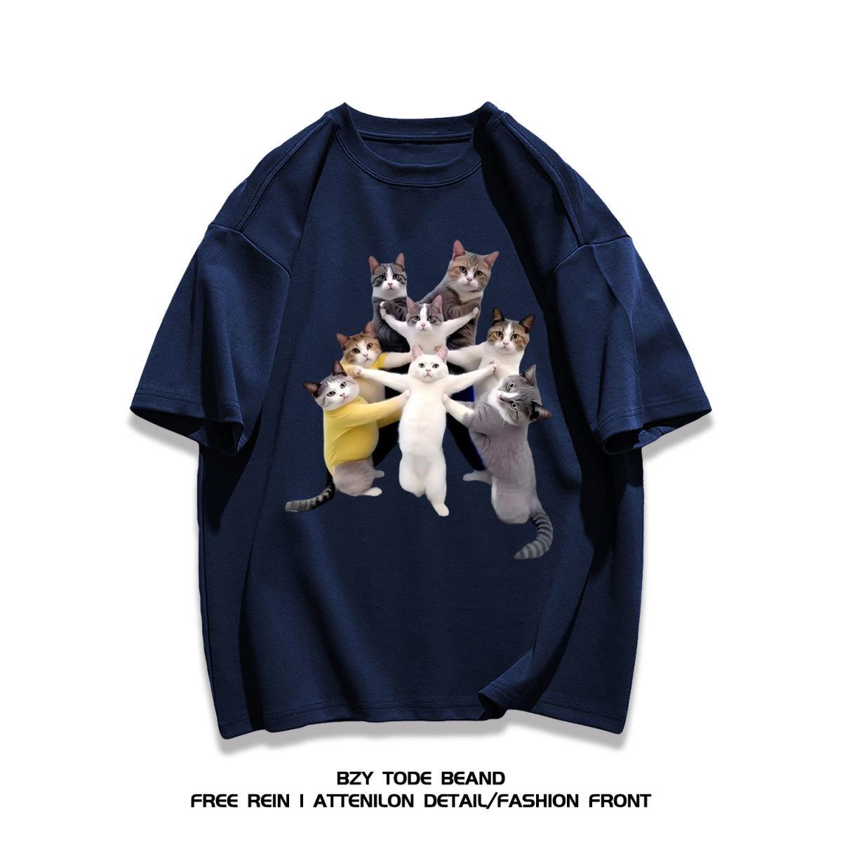 

Korean Version of Trendy Personalized Cat Print Shortsleeved Tshirt Couple Summer Ins Casual Loose Top S