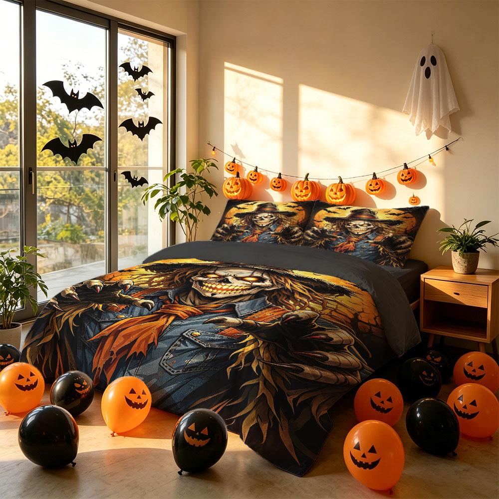 3‑Pieces Halloween Skeleton Scarecrow Print Bedding Set Without Filler Duvet Cover 2 Pillowcases Soft Comfortable Machine Was