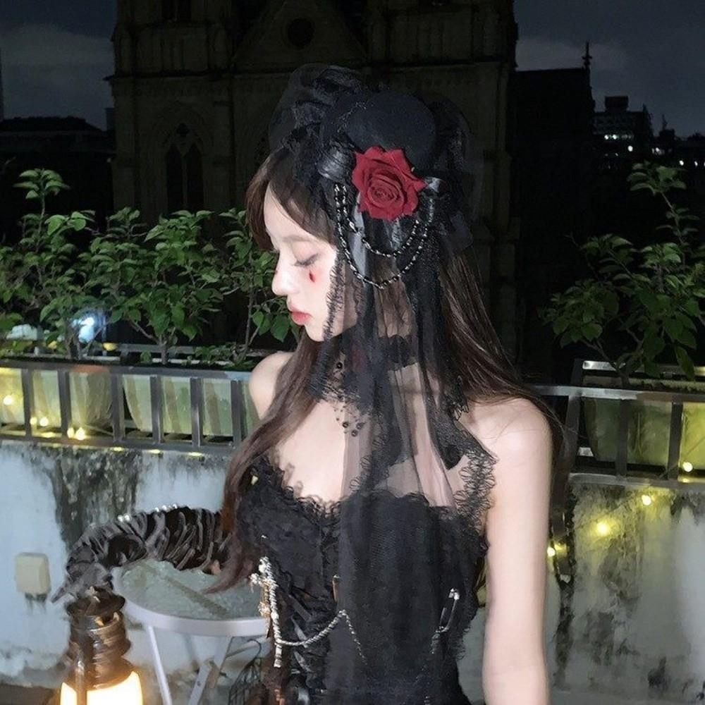Pălărie Lolita Neagră sau Albă, cu Flori, Decor cu Fundă, Elegantă, Pălărie Înaltă, Voal Gotic, Pălărie Înaltă cu Trandafir, Bărbați