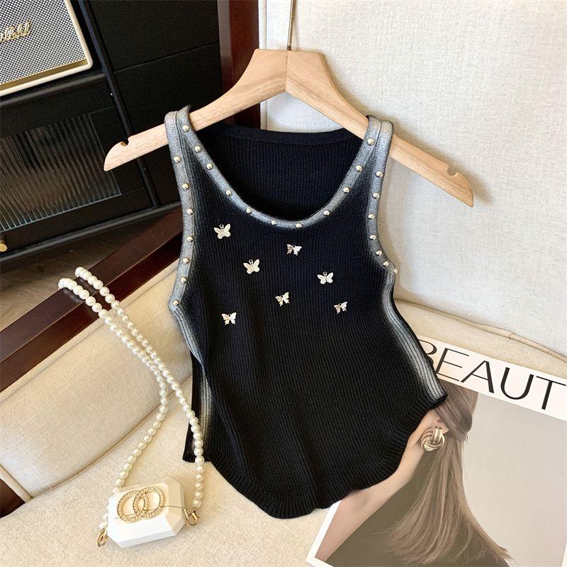 Tweed-style Butterfly Unique Knitted Vest for Women In Summer Dopamine Outfit Sleeveless Outerwear Slim-fitting Sexy Top