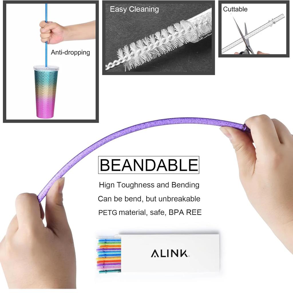 12pcs Reusable Random Color Clear Plastic Glitter Straws, 23CM Extra Long Tumbler Straws for Cups,Plus Cleaning Brush