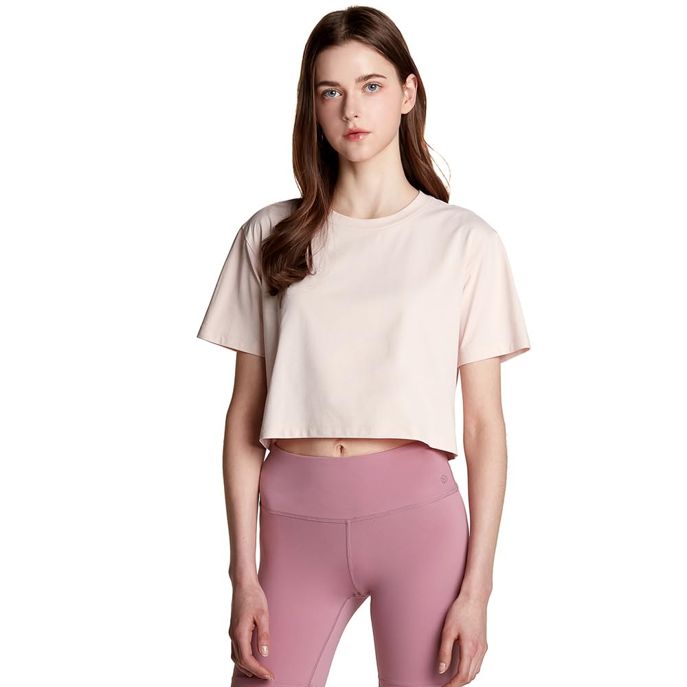 Tesla Short Sleeve Cropped Sports Active Everyday Functional Round Regular Outdoor Pilates Women's T-Shirt (FTS10-ZZBEG_L) [UV Protection,