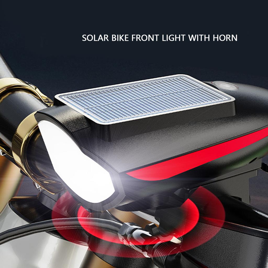 Solar Bike Front Light 3 Modes IPX4 Water Proof Rechargeable Bike Headlight with 5 Modes Horn Solar Bike Front Light with Horn