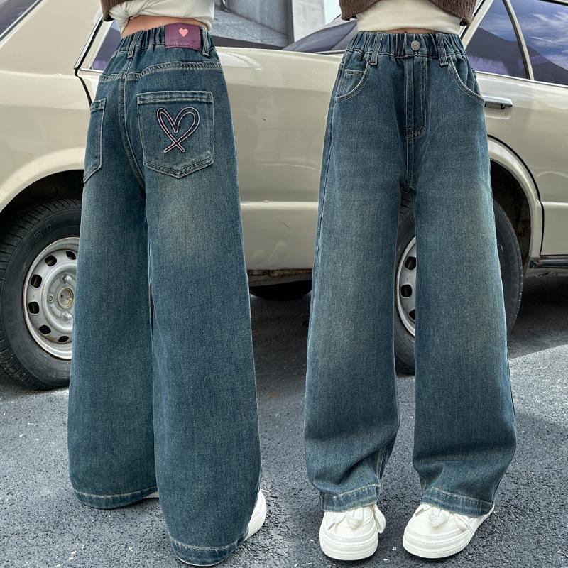 Weite Jeans für Teenager-Mädchen Frühling Koreanisch Lässig Retro Blaue Denim-Hose Mode Elastische Taille Hose für Kinder
