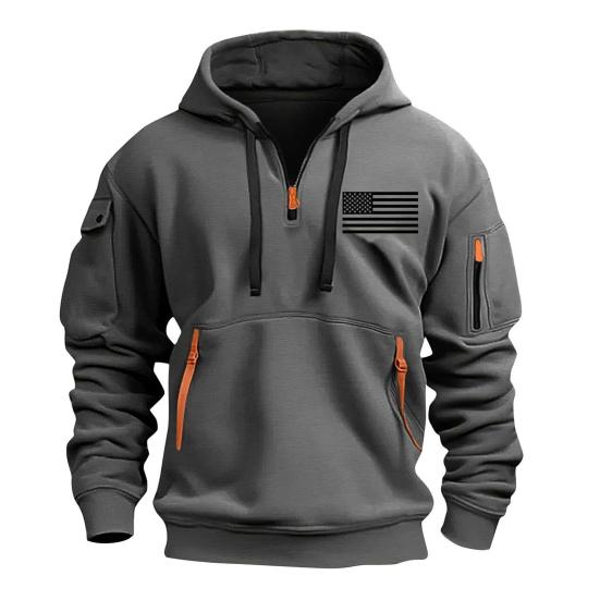 

Мужская толстовка Yousheng Весна Осень Фитнес с декоративной молнией Капюшон с плюшевой подкладкой Много карманов Толстый узор с американским флагом Эластичные манжеты и низ Топ для M темно-серого