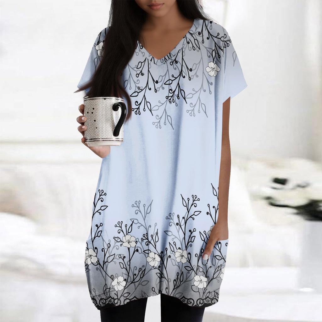 Womens Tops V-neck Short Sleeve Blouses Casual Mid-length Shirts Fashion Print Tunic Tops With Pockets
