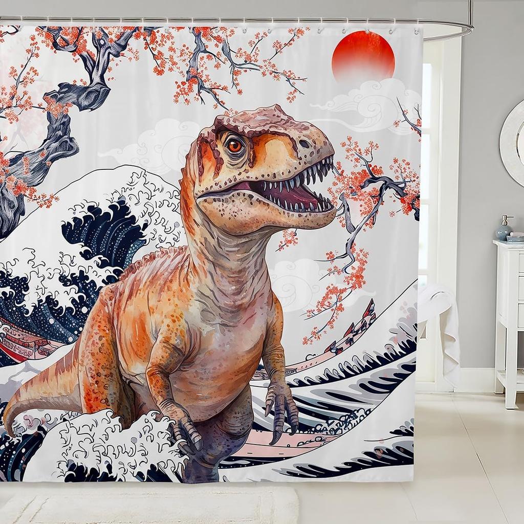 Cartoon Lion Shower Curtain for Kids Boys Girls Japanese Style Waterproof Bathroom Curtain, Vintage Ukiyoe Bath Curtain Ocean