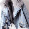 Women Faux Fox Fur Collar Denim Coat Winter Jacket Female Short Warm Parkas Rabbit Hair Lining Outwear Overcoat