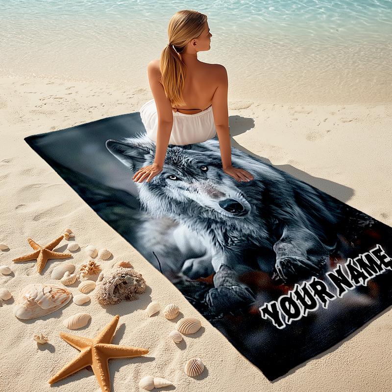 1PC Custom Name Wolf's Majestic Presence Beach Towel Highly Absorbent And Sand-Resistant Towel for Swimming, Pool, Yoga, And Travel Lightweight
