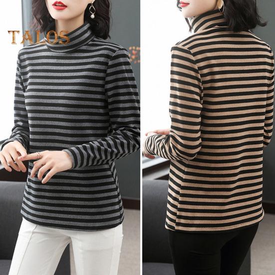 Women Bottoming Tops High Collar Long Sleeve Thickened Velvet Lining Pullover Tops Striped Print Tee Tops