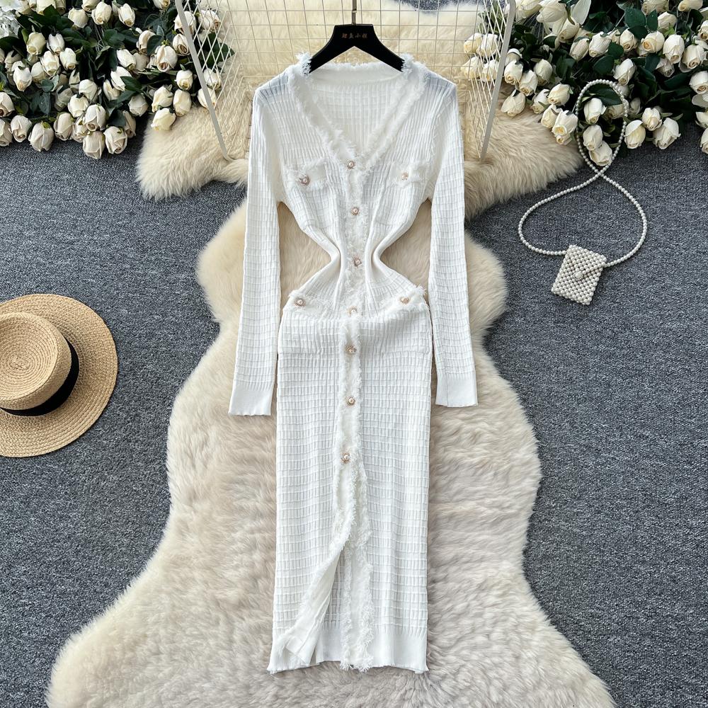 Neue Damenkleider Herbst Winter Vintage Patchwork Strick-Midikleid Elegant V-Ausschnitt Damen Rüschenhemd Pulloverkleid