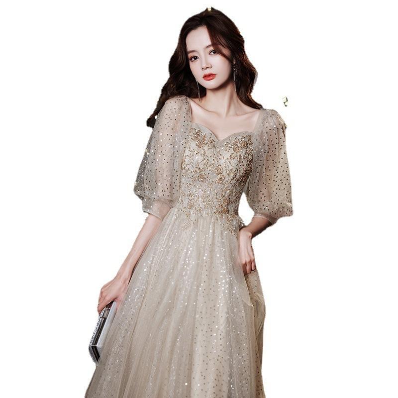 Banquet Evening Dress 1011 Summer Simple Bubble Sleeve Art Test Performance Dress Annual Meeting School Ceremony Gala Dress