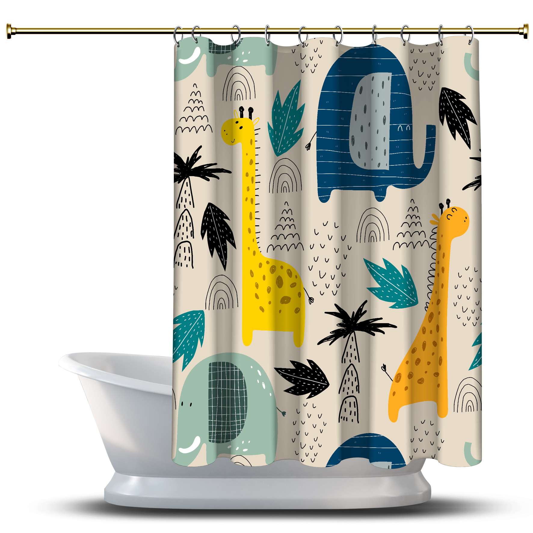 

Занавеска для душа с мультяшным принтом животных / водонепроницаемая для украшения вашей ванной комнаты - многомерная пальма, жираф, слон, синий, желтый