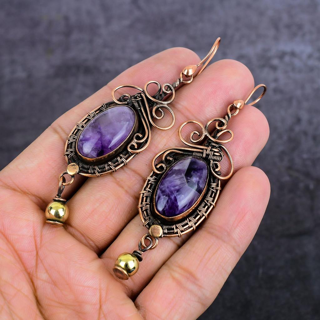 Natural Sage Amethyst Gemstone Copper Wire Wrap Jewelry Earring 3.55" t3O33