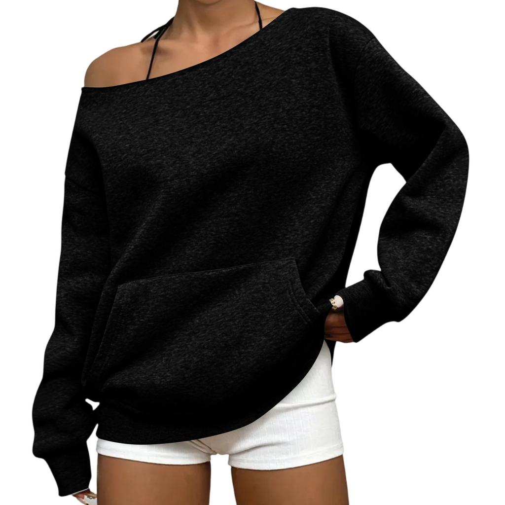 Women's Casual Fashion Solid Color Off-shoulder Long-sleeved Loose Sweatshirt With Pockets