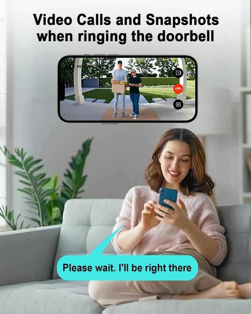 Wireless Video Doorbell (WiFi Smart Doorbell) Supports Two-way Communication and Provides Video Monitoring At the Front Door for Home Security.