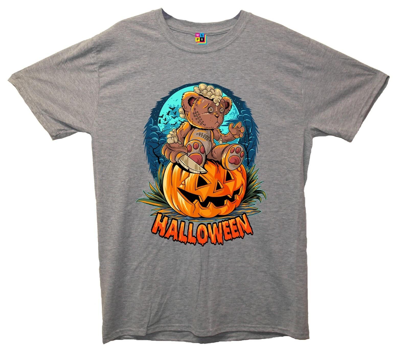 Teddy Bear Pumpkin Halloween Printed T-Shirt L