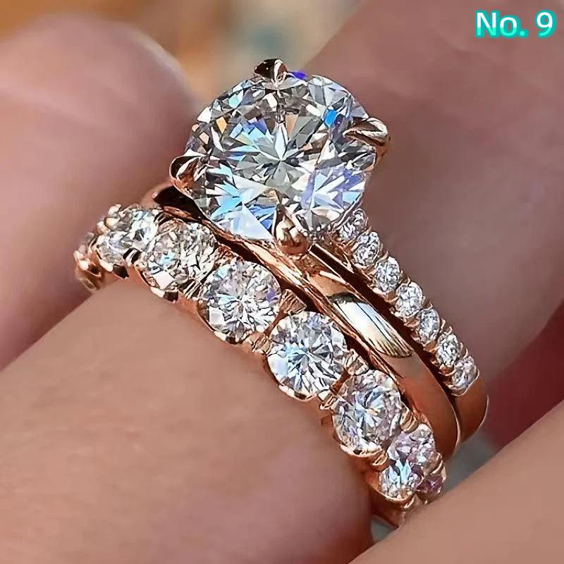 3Pcs Set Luxury Temperament Five-Claw Inlaid Crystal Zircon Ring For Women Wedding Fashion Charm Jewelry Sets Accessories